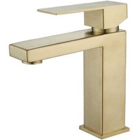 Sollbry robinet de lavabo de salle de bain en acier inoxydable, montage sur pont, poignée unique carrée, trou unique, mélangeur d'eau chaude et froide, grue de baignoire de lavage, or, 16,4 × 15 cm (1/3)