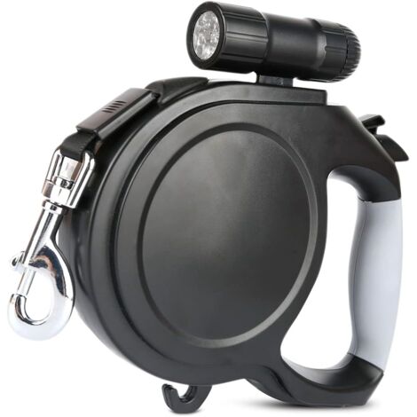 Sollbry – Laisse rétractable pour chien jusqu'à 30kg – Lampe LED détachable – Poignée antidérapante – Frein à une main – Serrure noire 5m
