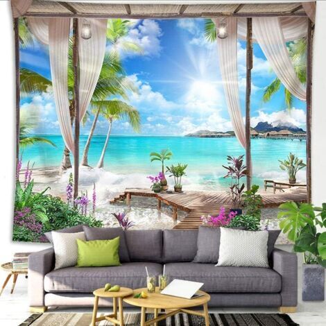 Sollbry Tapisserie de décoration de plage, océan, mer, île tropicale, palmier, vue panoramique depuis le balcon, paysage tropical d'été, tapisserie murale à suspendre pour chambre à coucher, salon, do (1/5)