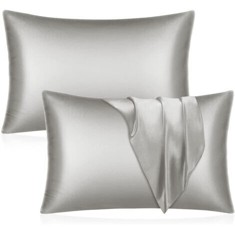 Sollbry Taie d'oreiller en satin de soie pour cheveux et peau Queen Lot de 2 taies d'oreiller douces Housses d'oreiller de lit en microfibre soyeuse Infroissables avec fermeture à enveloppe (gris fonc