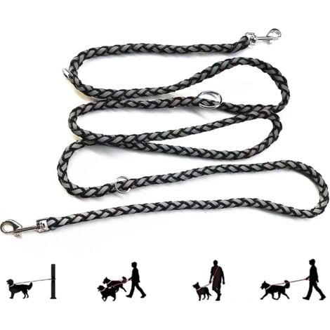 Sollbry Laisse Chien Corde, Réfléchissante Double Laisse Réglable en Nylon avec 2 Mousquetons et 3 Anneaux, 2,1 m Noire Laisse pour Chien Multifonctionnelle pour Petit/Moyen/Gros Chien (1/5)