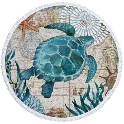 Sollbry Serviette de Plage Ronde en Microfibre pour Couverture de Plage, Serviette de Bain, Tapis de Yoga, Couverture de Camping, Couverture de Pique-Nique,150 cm (Bleu-Tortue)