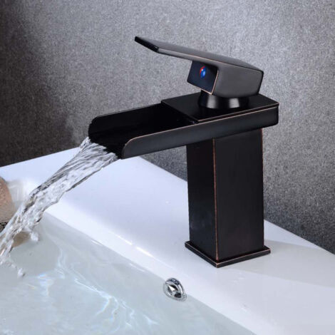 Sollbry Moderne Robinet Salle de Bain Noir Cascade, Mitigeur Lavabo Cascade, Robinet Lavabo avec Bec Hauteur , Mitigeur Salle de Bain en Laiton, Eau Froide & Chaude Disponible (1/5)