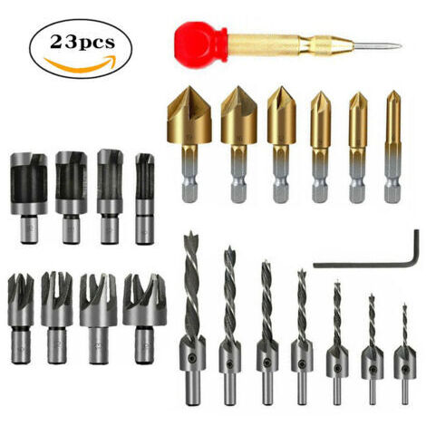 Sollbry 23 Outils De Forage Pour Chanfreinage Du Bois, ensemble de forets à fraiser pour le travail du bois incluent 8pcs outil de coupe de prise de bois,7 forets à trois pointes, 6pcs forets à fraise (1/5)