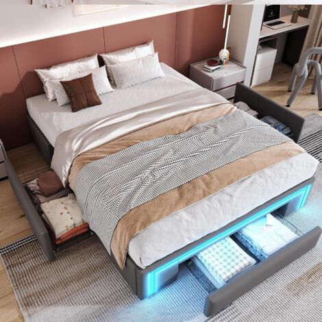 Lit avec rangement 140 x 200 cm – Lit plateforme double avec 3 tiroirs, bandeau lumineux LED, sans matelas – Gris (1/5)