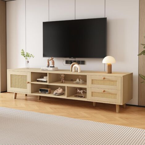 Meuble TV - Meuble de salon avec 2 tiroirs et 1 porte, bois et rotin naturel, style moderne, 160 × 39 × 40,5 cm, naturel (1/5)