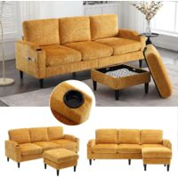 Canapé ottoman 4 places avec rangement intégré - Accoudoirs avec porte-gobelets et poches latérales - Revêtement chenille - Jaune