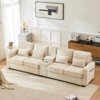 Canapé droit 4 places – Canapé droit multifonction avec méridienne, coussins amovibles et poches sur les accoudoirs – Lin gris clair