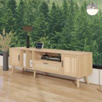Meuble TV avec éclairage LED, 2 tiroirs en rotin, 2 portes en verre courbé et 1 porte en rotin, MDF, 180 x 40 x 50 cm, marron
