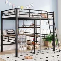 Lit mezzanine 90 x 200 cm pour enfant avec escalier, lit mi-hauteur avec barrière de sécurité, cadre de lit robuste en métal, sans matelas, blanc