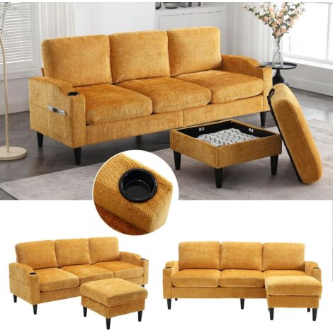 Canapé ottoman 4 places avec rangement intégré - Accoudoirs avec porte-gobelets et poches latérales - Revêtement chenille - Jaune (1/5)