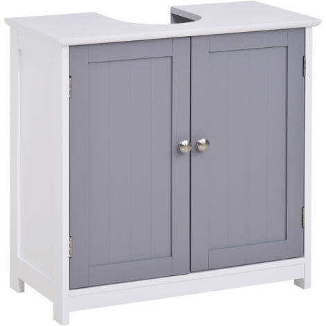 Meuble salle de bain - meuble sous-vasque - placard 2 portes avec étagère - dim. 60L x 30l x 60H cm - MDF gris blanc (1/5)