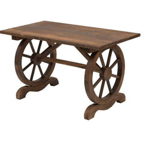 Table basse de jardin style rustique chic piètement roues charette bois sapin traité carbonisation (1/5)