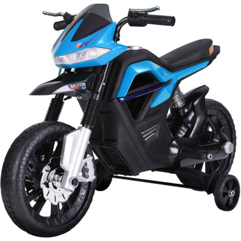 Moto électrique pour enfants 25 W 6 V 3 Km/h effets lumineux et sonores roulettes amovibles bleu