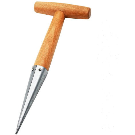 Langstieliges Gartengerät zum Pflanzen von Samen und Blumenzwiebeln, manueller Blumenzwiebelpflanzer aus Metall und Holz. (1/5)