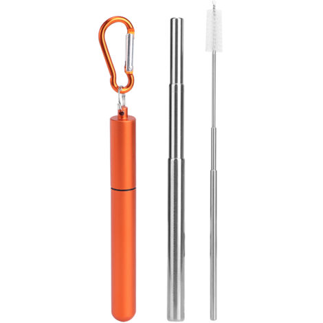 Tragbarer, teleskopierbarer Edelstahlstrohhalm, wiederverwendbar, inklusive Reinigungsbürste, ideal für Picknicks, orange. (1/5)