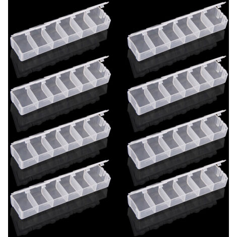 Set aus 8 transparenten Aufbewahrungsboxen mit 6 Fächern für Schmuck, Perlen, Nagelkunstzubehör und kleine Gegenstände (13 x 3,3 x 1 cm). (1/5)