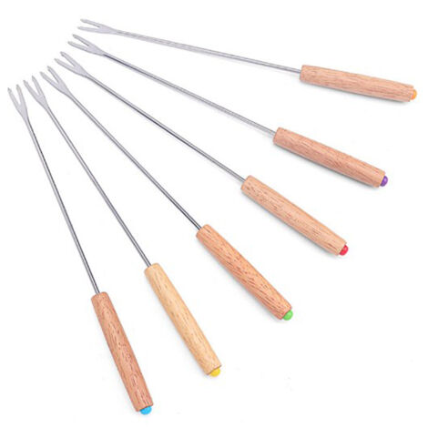 Set aus 6 multifunktionalen Fonduegabeln aus Edelstahl mit Holzgriffen, ideal für Obst-, Käse- und Schokoladenfondue. (1/5)