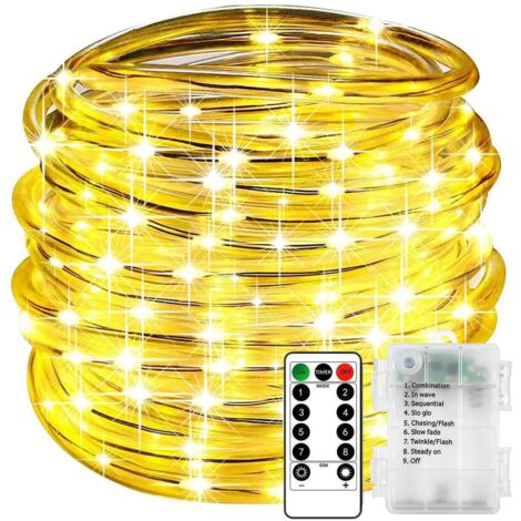 Guirlande lumineuse LED féérique, guirlande lumineuse tubulaire alimentée par piles avec télécommande et minuterie, 8 modes (blanc chaud, 7 mètres, 50 LED) (1/5)