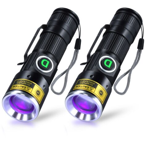 Lampe torche UV rechargeable USB 395 nm, mini lampe torche ultraviolette LED portable zoomable, détecteur de taches, lot de 2 [Classe énergétique A] (1/5)