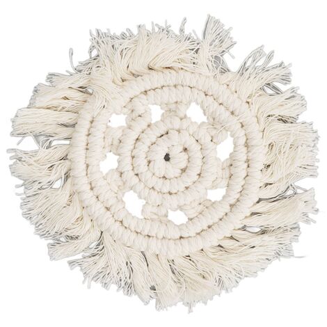 4 Dessous de Verre Ronds en Coton Tressé Anti-Chaleur avec Franges pour Tasse à Café, Pot et Bol - Blanc (1/5)
