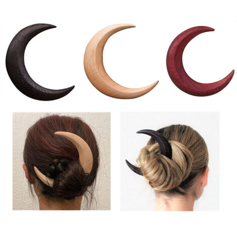 Fourchette à Cheveux en Bois de Lune Croissant Sculptée Main, Barrette Naturelle pour Cheveux Longs et Épais (1/3)