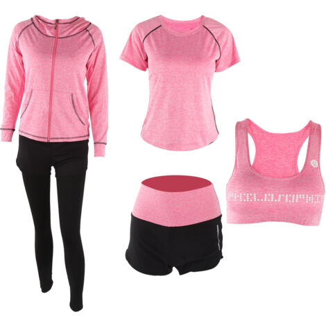 Ensemble de Yoga 5 Pièces pour Femme - Haut à Manches Longues et Leggings de Sport - Vêtements de Fitness Taille XXL Rouge Rose (1/5)