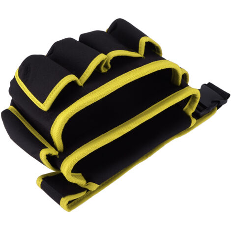 Ceinture porte-outils électrique ajustable avec poches multiples, bordure jaune, pour professionnels et bricoleurs. (1/5)