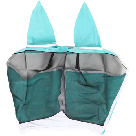 Masque anti-mouches pour cheval avec protection intégrée des oreilles, respirant et ajustable, détachable, couleurs bleu et vert (1/5)