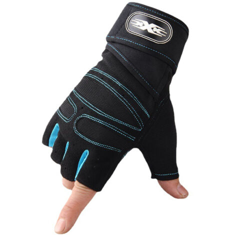 Gants d'entraînement homme avec protection poignet - Demi-doigts fitness bleu clair taille M (1/5)