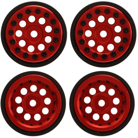 Jante Alliage 4 Pièces 1 Pouce pour Modèles RC 1/24 FMS FCX24, 9 Trous Ronds, Rouge (1/5)
