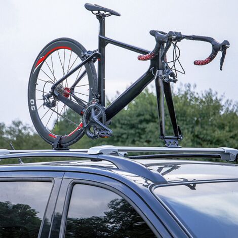 Support vélo avant universel, fixation rapide aluminium robuste avec roulement pour toit de voiture, couleur noir.