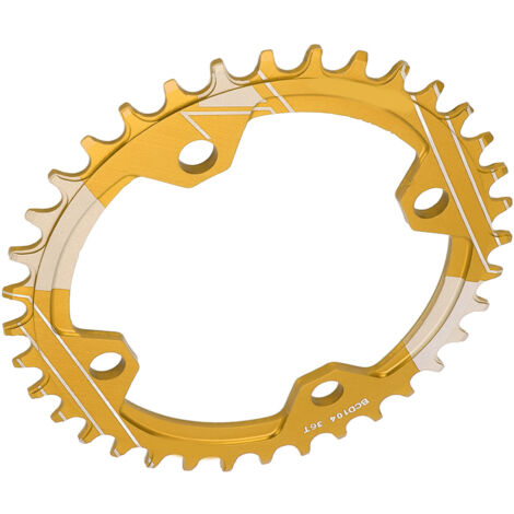 Plateau vélo VTT 36 dents en or, compatible 104 BCD, denture alternée pour une meilleure accroche et durabilité.