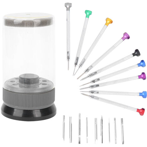 Jeu de 9 tournevis horloger plats et cruciformes avec support rotatif pour réparation de montres et bijoux (1/5)