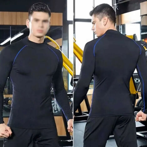 T-shirt de sport compressif homme manches longues, respirant et élastique pour entraînement - Design rayures noir et bleu (1/5)