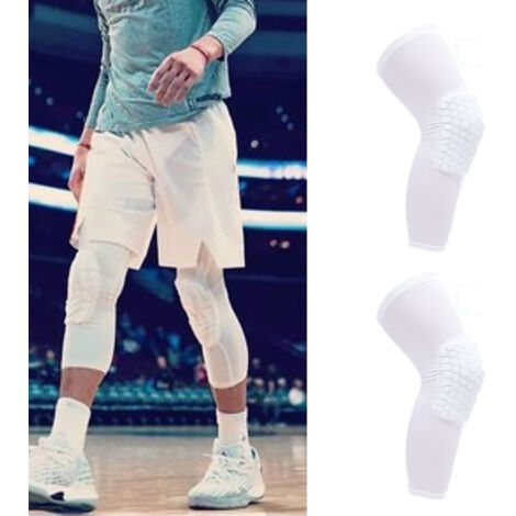 Genouillère de Compression Longue pour Basketball avec Protection en Nid d'Abeille - 2 Pièces, Taille L (175-185 cm), Blanc (1/5)