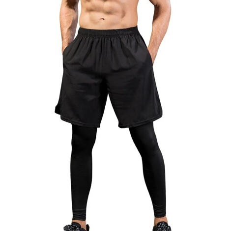 Pantalon de sport homme 2 en 1 - Running et fitness avec legging respirant et poches pour activités extérieures - Noir Taille L (1/5)