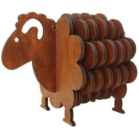 Dessous de verre en bois en forme de mouton, motif puzzle 3D, marron foncé (1/5)