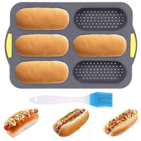 Moule à pain à hot-dog avec pinceau à huile, moule à pain français à 6 gouttières (1/5)