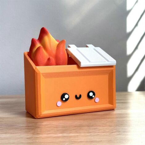 Figurine de bureau imprimée en 3D représentant une benne à ordures en feu - Accessoire amusant B (1/5)