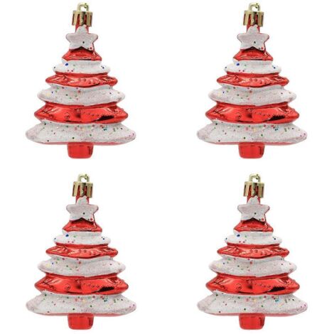Lot de 4 boules de Noël rouges en forme de sapin, 8 x 6 cm (1/5)