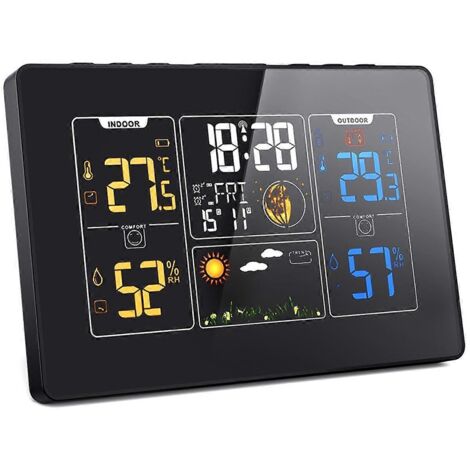 Station météo sans fil avec horloge, station numérique avec affichage de la température, noire (1/5)