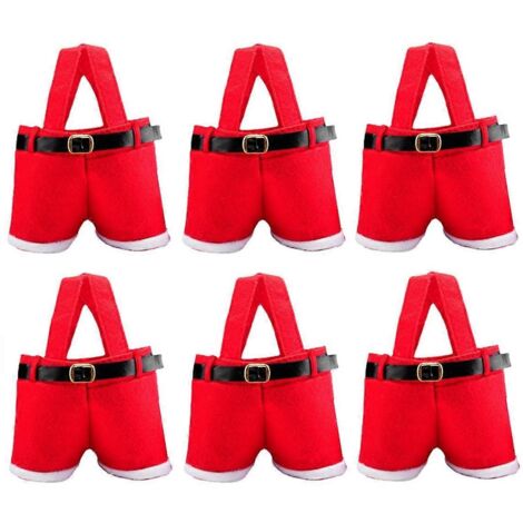 Lot de 6 petits sacs cadeaux rouges en forme de pantalon de Père Noël, parfaits pour les bonbons. (1/5)