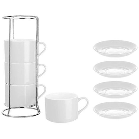 Tasses à cappuccino empilables en porcelaine avec soucoupes et support en métal, blanc cassé (1/5)