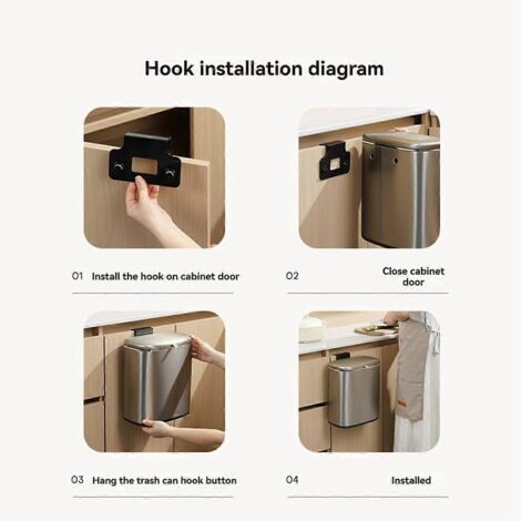 Poubelle suspendue 8 L pour porte de placard de cuisine avec couvercle, gris clair (1/5)