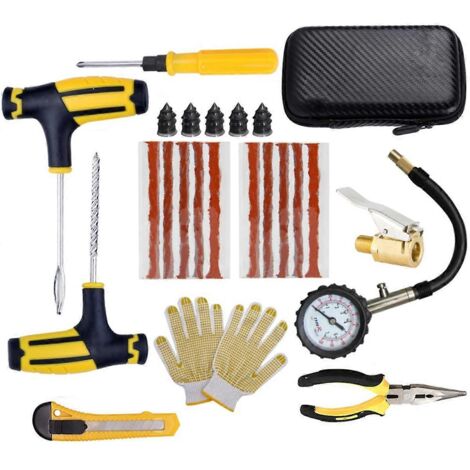 Kit de réparation de pneus de voiture comprenant des bandes de réparation, de la colle et des outils (voir illustration). (1/5)
