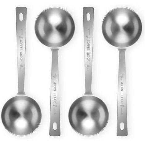 Lot de 4 cuillères doseuses à café, 15 ml, en acier inoxydable argenté. (1/5)