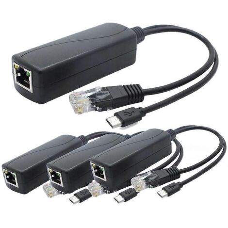 Lot de 4 répartiteurs PoE 5 V, adaptateur 48 V vers 5 V 2,4 A avec prise micro-USB, noir (1/5)