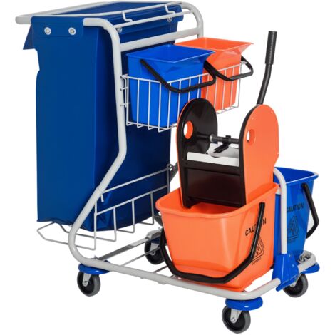 Chariot de nettoyage HOMCOM avec 2 seaux de 18L et 2 seaux de 6L, balai de sol avec presse, panier de rangement, bleu orange, 93 x 80 x 97 cm (1/5)