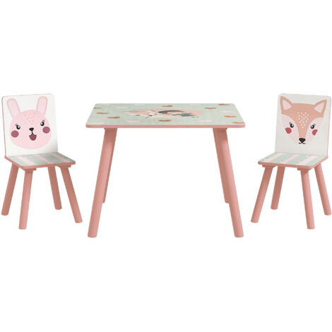 Table et 2 chaises enfant en pin, motif animal, chambre enfants, 3-8 ans, rose (1/5)